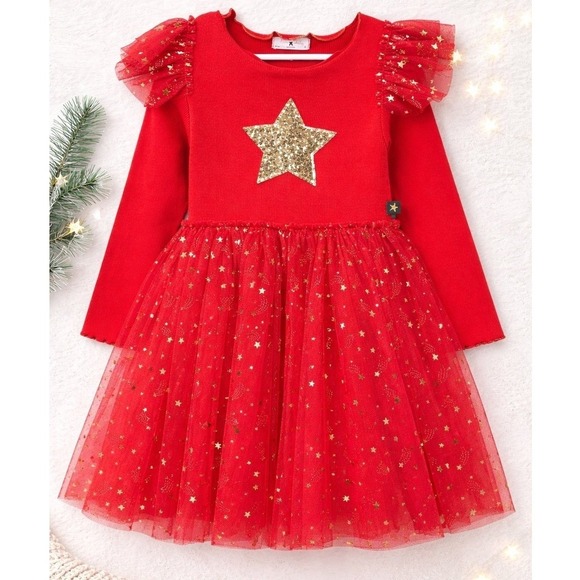 Petite Hailey Other - Petite Hailey Tutu Dress Girls 6 Red Excellent Gold Sequin Star Tulle Ruffle